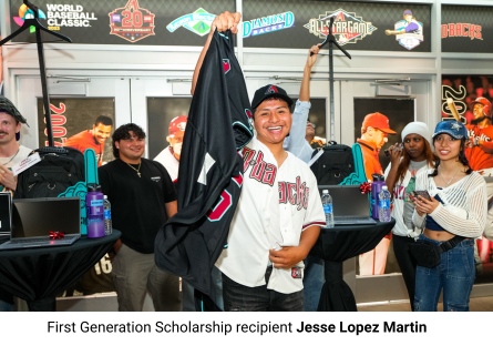 Phoenix College student and First Generation Scholarship recipient Jesse Lopez Martin celebrating at the Diamondbacks event
