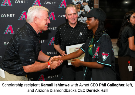 Phoenix College student and First Generation Scholarship recipient Kamali Ishimwe with Avnet CEO Phil Gallagher and Diamondbacks CEO Derrick Hall
