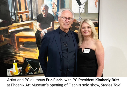 Phoenix College alumnus Eric Fischl stands with Phoenix College President Kimberly Britt at Fischl's solo show "Stories Told" at the Phoenix Art Museum