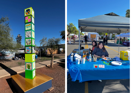 Phoenix College students set up a table and tent for the live painting of panels for the "Block Party" installation at the Grand Avenue Festival