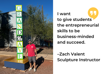 Phoenix College sculpture instructor Zach Valent stands next to the "Block Party"  installation