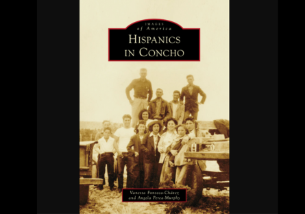 The book cover of Hispanis in Concho shows a sepia-toned photograph from the 1950 with 14 young men and women standing next to an on a old trailer in jeans and jackets