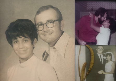Collage of photos with Pat and Angela Murphy at their wedding, kissing, and a formal portrait of the two.