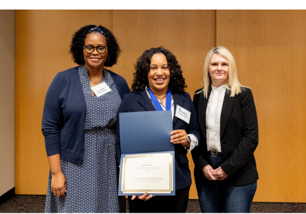 PC student Pamela Smith stands next to Dean of Student Dr. Anika Hutchinson and PC President Dr. Kimberly Britt holding her award certificate for outstanding leadership