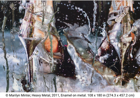 Artwork by Marilyn Minter: Heavy Metal, 2011, enamel on metal, shows a rear view of two feet in metalic high heel shoes stepping in water that splashes around the feet
