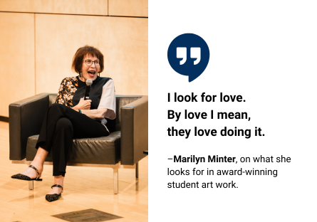 Marilyn Minter sits on stage in Whiteman Hall in Phoenix Art Museum as guest artist of the Eric Fischl Lecture Series and guest judge of the Vanguard Awards, which awards Phoenix College art students the Best in Show distinction in 2D, 3D, Photography, and Digital Arts. 