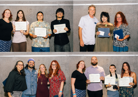 In a collages of four photos, Showcase award winners in 2D, 3D, Photography, and Digital Art stand with the Phoenix College Art Faculty representing that category. 