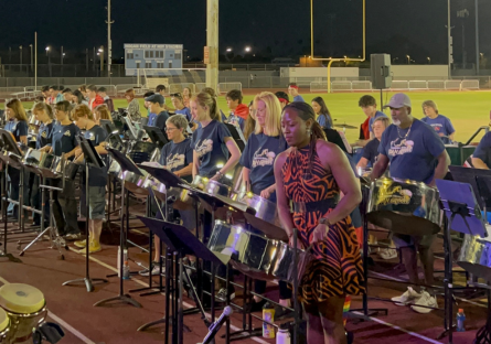 Dr. Josanne Francis performs with Phoenix College's Pan Groove Steel Pan ensemble on Hoy Stadium