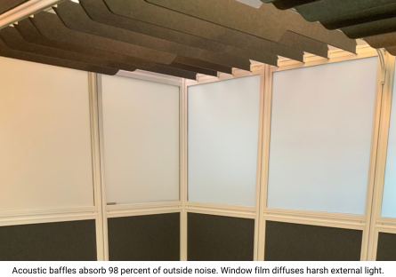 Acoustic baffles on the ceiling of the sensory room help block out 98 percent of outside noise. The window film blocks our harsh artificial light.  