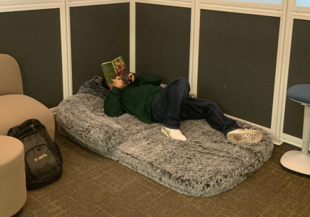 A student takes advantage of a fluffy mat on the floor to read his book. 