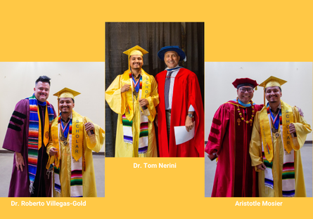 Luis poses in his yellow cap and gown with PC faculty Dr. Roberto Villegas-Gold, MCCCD Governing Board member Dr. Tom Nerini, and PC Student Life and Leadership Director Aristotle Mosier