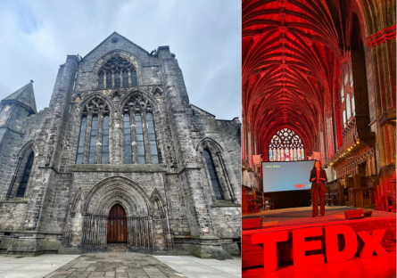 An exterior image of Scotland's Paisely Abbey on the left and an image of Julie Rake on the TEDx stage inside with a video screen and the arched cathedral's windows behind her and a the red TEDx letters on the floor below the stage
