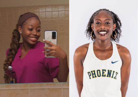 On the left is a selfie of Shadé in her medical assisting scrubs with her long hair braided; on the right is Sy'nai Ajayi in her Phoenix College track singlet; 