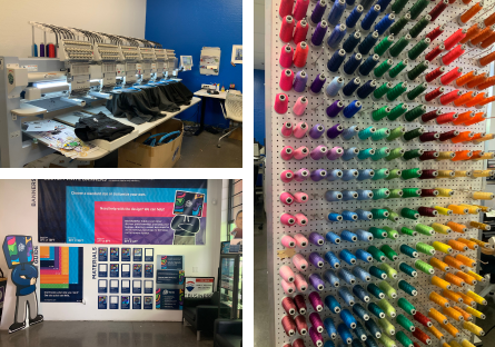 Three images inside Cesar Graphics - spools of thread, embroidery machines, front office