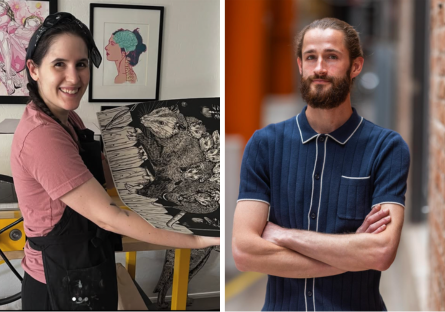 Left: a picture of Daniella Napolitano in her studio wearing a pink shirt and black apron, holding one of her prints; right image: Ryan Greene wearing a blue knit collard shirt with white trim, his arms crossed in front of his body standing next to a brick wall
