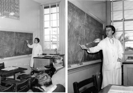 Black and white images of Dr. Katherine McLean at a chalkboard teaching chemistry at Phoenix College