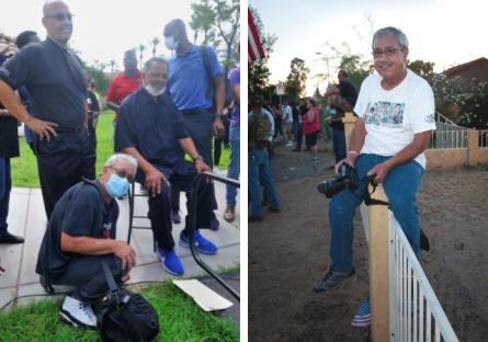 José Muñoz sitting on a fence (photo credit: Rick D'Elia) and image of him posing with rallyers 