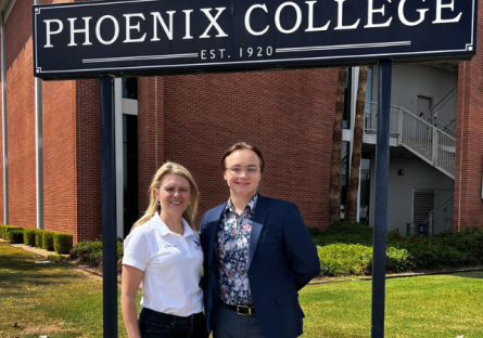 Dr. Kimberly Britt and PC student Ryan Young standing outside the Physical Sciences building at Phoenix College 