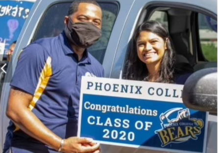 Phoenix College alumna Sandra Quiroz at Phoenix College's 2020 drive-thru graduation ceremony