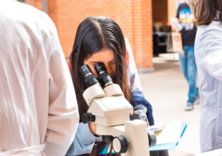 A Hermanas Conference participant at Phoenix College looks into a microscope during this STEAM event
