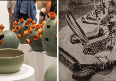 Left image: Green ceramic cup bushes hold orange ceramic cups protruding out of the bush like a cacti flower; right image: a black and white charcoal drawing of a road runner with claws on a fallen over electric scooter with a row of upright scooters in the background. 