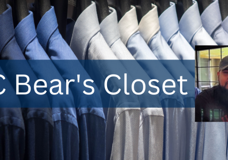 blue collared shirts on a rack with text that reads - PC Bear's Closet and image of Pat