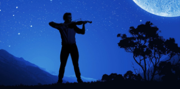 Twilight evening picture with stars and violinist in shadow with large moon and stars as backdrop