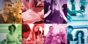 Eight image boxes showing people in the various FOI disciplines - Behavioral Science, Business, Computer and Info Technology, Culture and Society, Education, Health Sciences, STEM, Visual & Performing Arts (Applied Technology not featured)