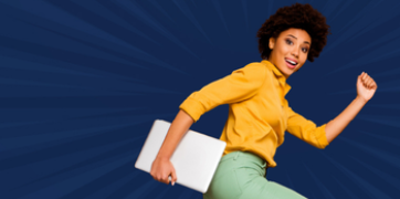 Woman in yellow shirt running with laptop smiling at screen - blue background