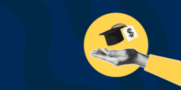 Graphic hand holding graduation mortar board with dollar sign attached