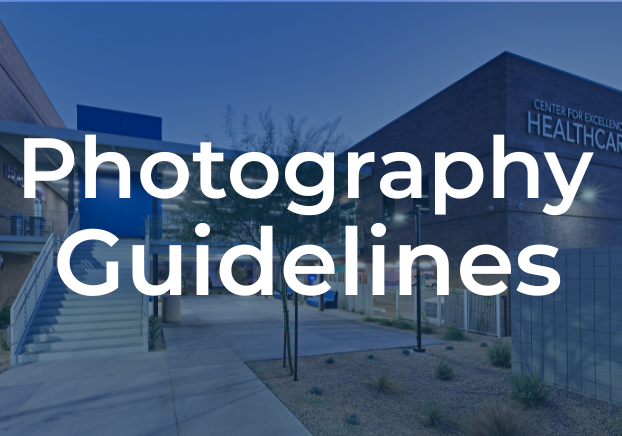 Photography Guidelines over an image of the PC Health Care Excellence Building