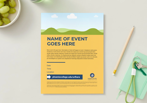 event flyer with photo on top third and gold background